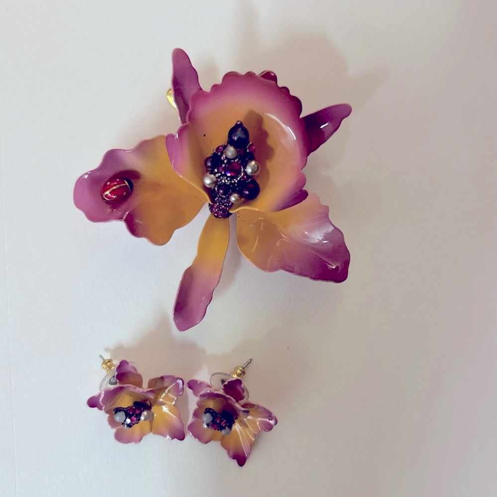Joan Rivers Orchid Jeweled Ladybug Enamel Brooch & Earring Set